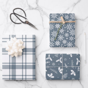 Rustic Plaid Snowflakes and Holly in Country Blue  Wrapping Paper Sheet