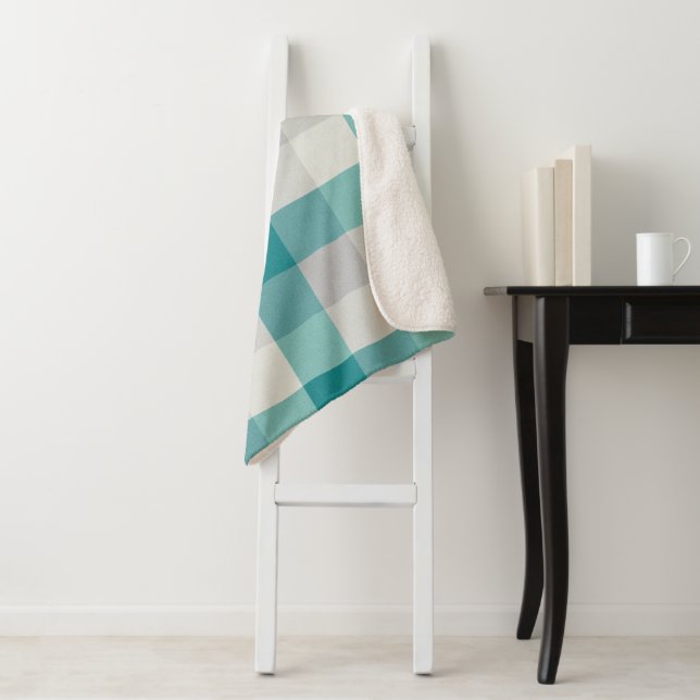 Rustic Plaid Turquoise Grey Beige Sherpa Blanket (In Situ)