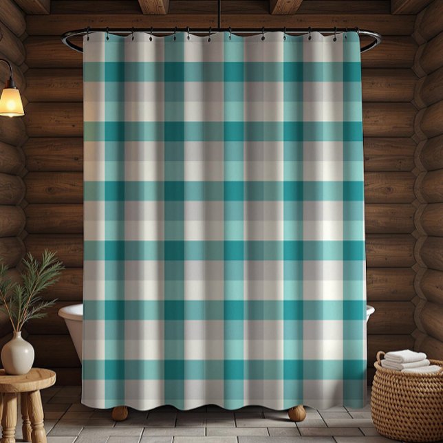 Rustic Plaid Turquoise Grey Beige Shower Curtain (Creator Uploaded)