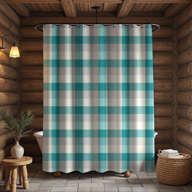 Rustic Plaid Turquoise Grey Beige Shower Curtain (Creator Uploaded)