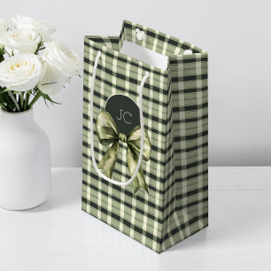 Rustic Plaid Watercolor Bow Modern Green Monogram Small Gift Bag