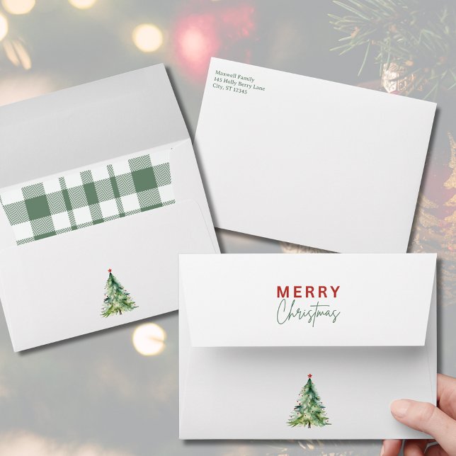 Rustic Plaid Watercolor Christmas Tree  Envelope (Rustic Plaid Watercolor Christmas Tree Envelope
)