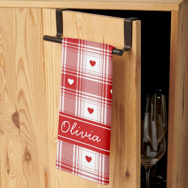 Rustic Plaid With Hearts Valentines Tea Towel (Thirds Fold)