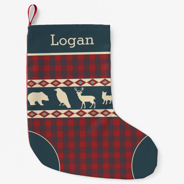 Rustic Plaid Woodland Animals Teal Monogram Name Small Christmas Stocking (Front)
