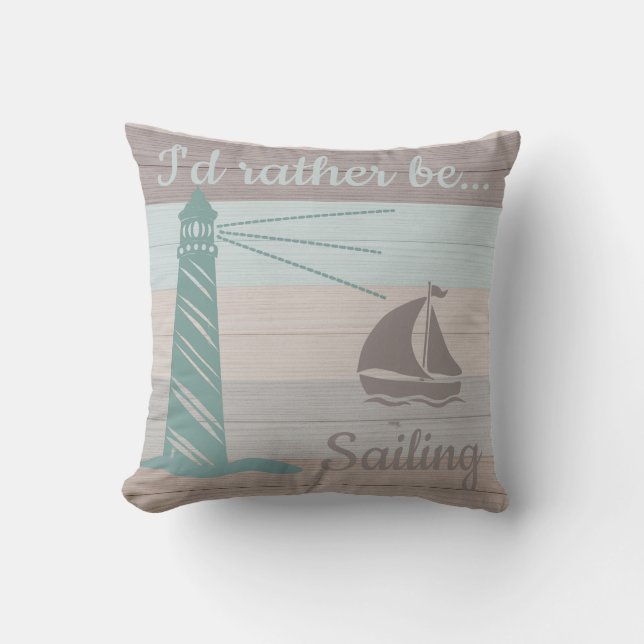 Rustic Planks Lighthouse Sailboat Compass Rose Cushion (Front)