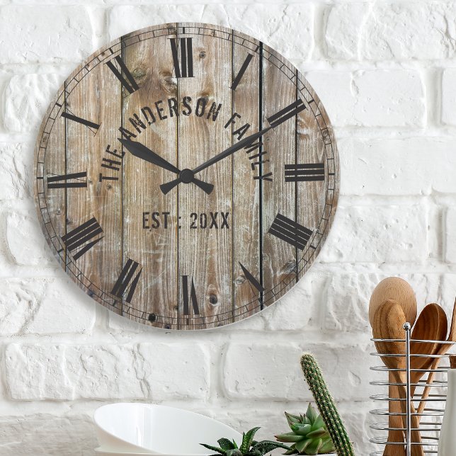 Rustic Planks Wood Custom Family Name Farmhouse Large Clock (Creator Uploaded)