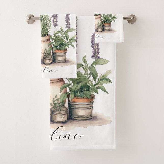Rustic Plants Nature Watercolor Personalised Bath Towel Set (Insitu)
