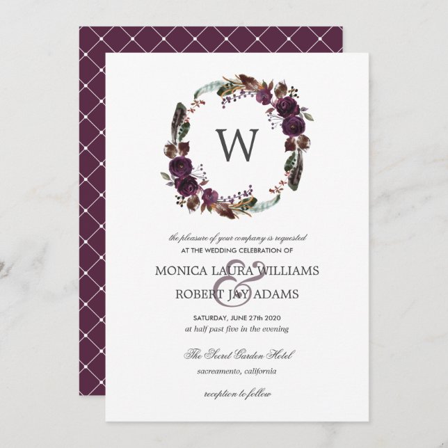 Rustic Plum | Autum Floral Wreath Monogram Wedding Invitation (Front/Back)