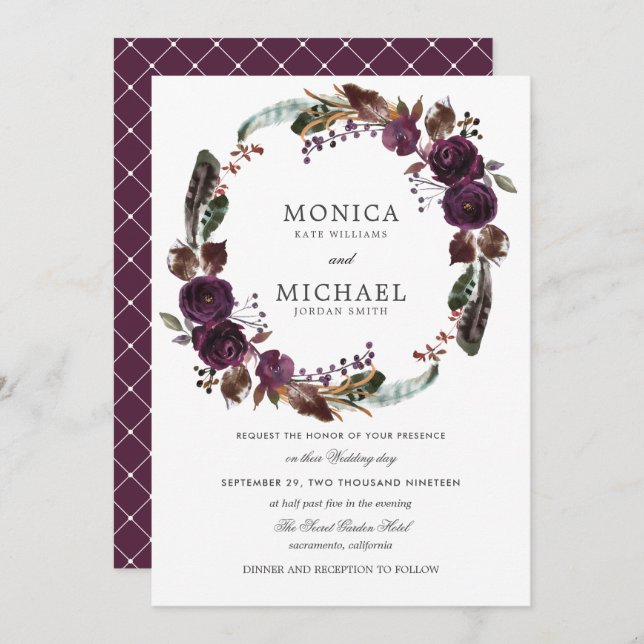 Rustic Plum  | Autumn Boho  Floral Wreath wedding Invitation (Front/Back)
