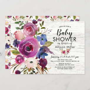 Rustic Plum Blue Floral BABY Shower Invitations