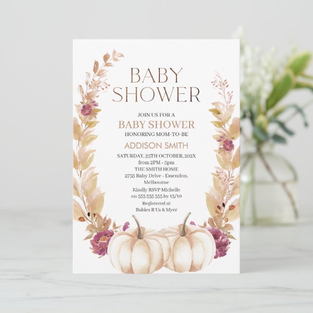 Rustic Plum Brown Fall Pumpkin Themed Baby Shower  Invitation (Standing Front)