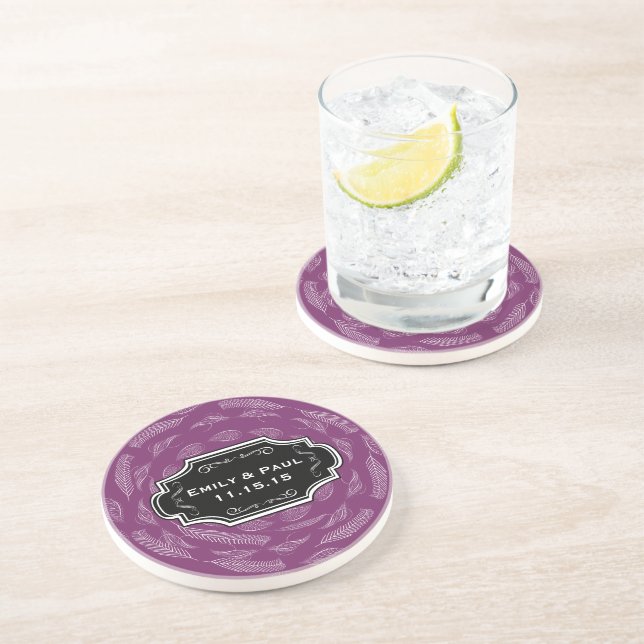 Rustic Plum Feather Pattern Wedding Coasters (Side)