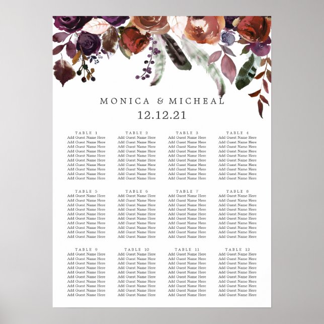 Rustic Plum | Flower Feather Wedding Seating Chart (Front)