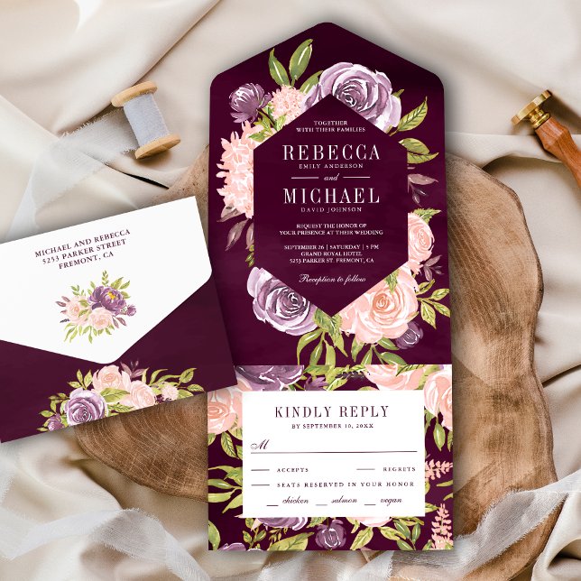 Rustic Plum Purple and Blush Pink Floral Wedding All In One Invitation (Creator Uploaded)