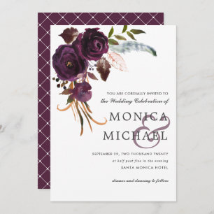 Rustic Plum Purple Floral corner Chic Wedding Invitation