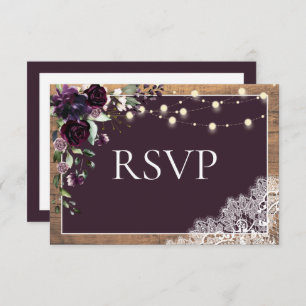 Rustic Plum Purple Floral Lace Wood Wedding RSVP