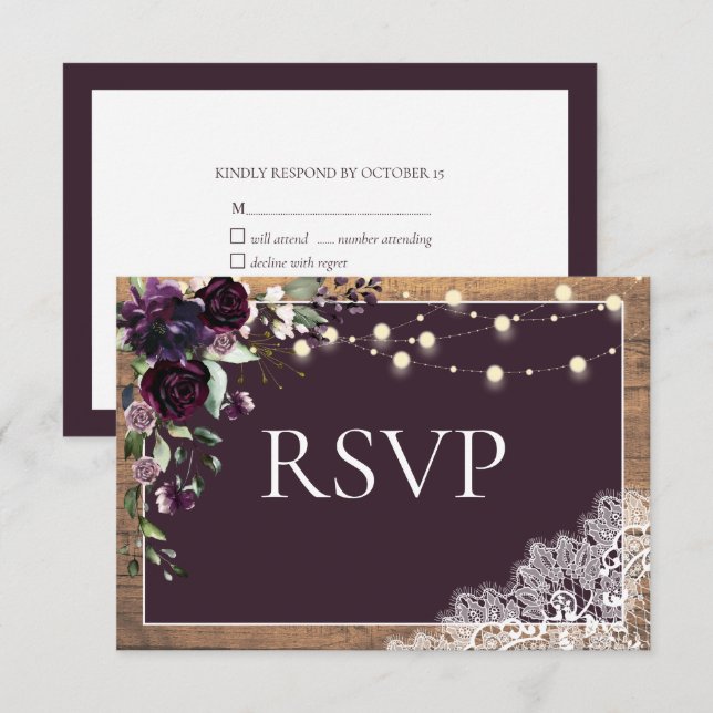 Rustic Plum Purple Floral Lace Wood Wedding RSVP Card (Front/Back)