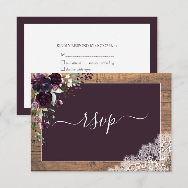 Rustic Plum Purple Floral Script Lace Wood RSVP Card (Front/Back)