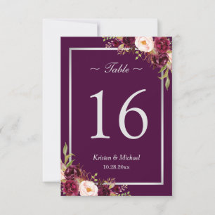 Rustic Plum Purple Floral Silver Grey Table Number