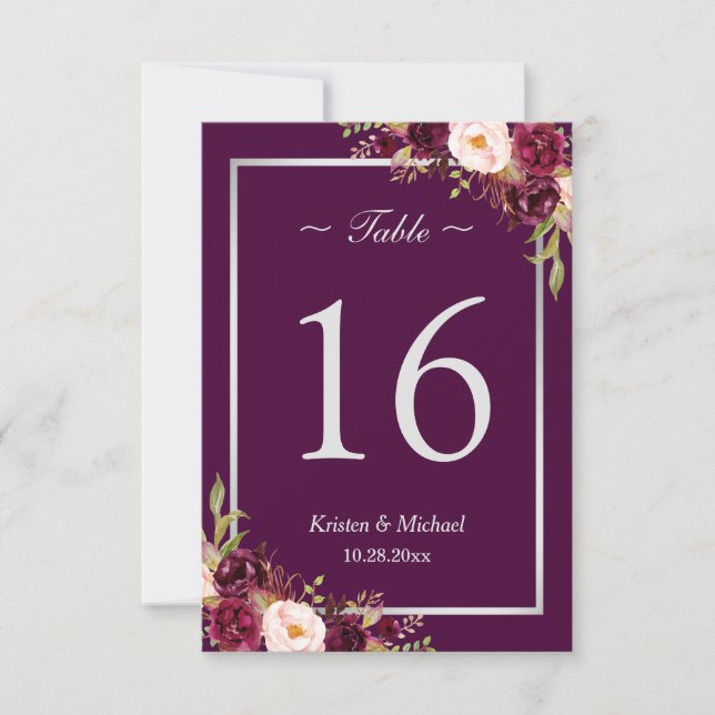 Rustic Plum Purple Floral Silver Grey Table Number (Front)