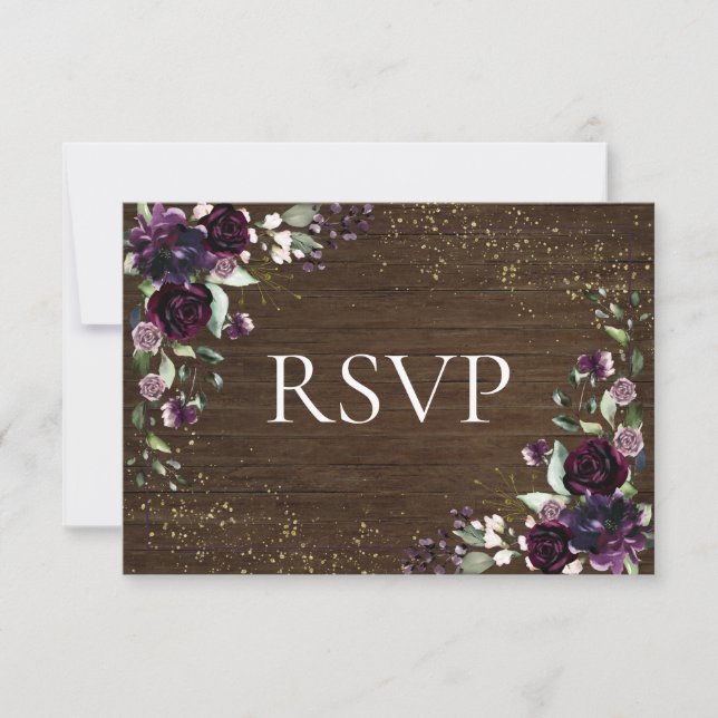 Rustic Plum Purple Gold Wood Fall Wedding RSVP (Front)
