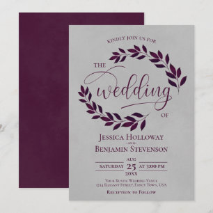 Rustic Plum Purple Leaves Elegant Grey Wedding Invitation