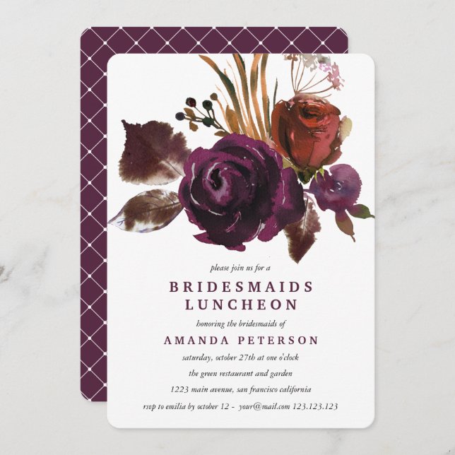 Rustic Plum | Roses  Bridesmaids Luncheon Wedding Invitation (Front/Back)