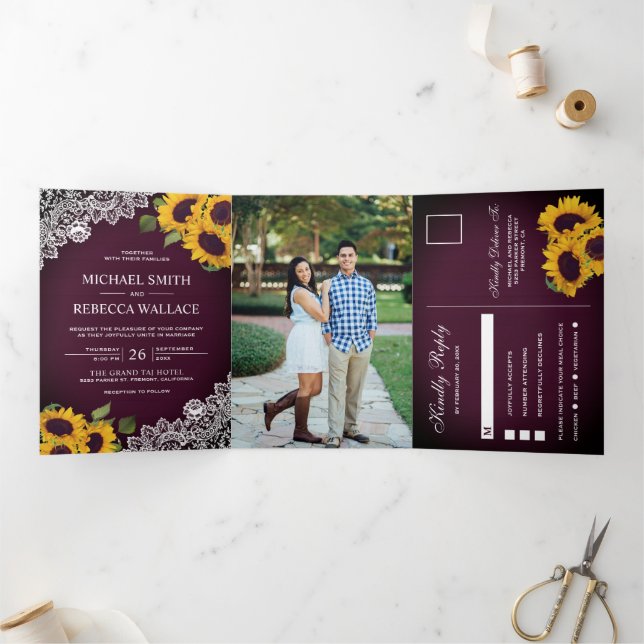 Rustic Plum Wood Lace Sunflower Wedding Photo Tri-Fold Invitation (Inside)