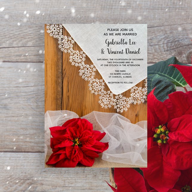 Rustic Poinsettia and Lace Winter Barn Wedding Invitation (Creator Uploaded)