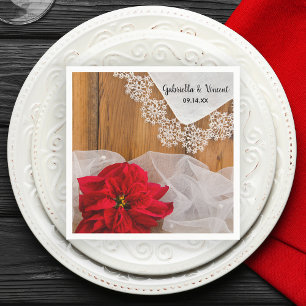 Rustic Poinsettia and Lace Winter Barn Wedding Napkin
