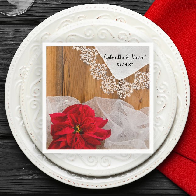 Rustic Poinsettia and Lace Winter Barn Wedding Napkin (Set a festive table with this rustic chic December wedding paper napkin.)