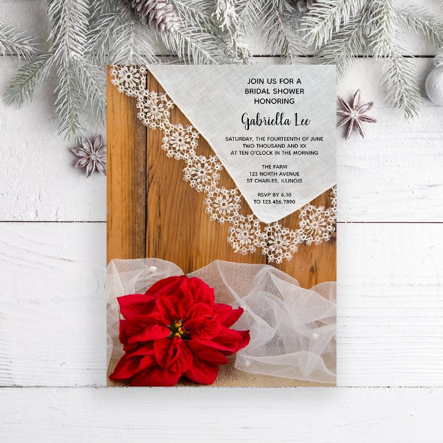 Rustic Poinsettia and Lace Winter Bridal Shower Invitation (Invite guests to your wintery December celebration with this rustic Bridal Shower Invitation. )