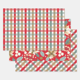 Rustic Poinsettia and Plaid Christmas Wrapping Paper Sheet