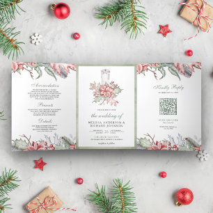 Rustic Poinsettia Christmas Candle QR Code Wedding Tri-Fold Invitation