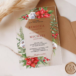 Rustic Poinsettia Christmas Wedding Acrylic Invitations