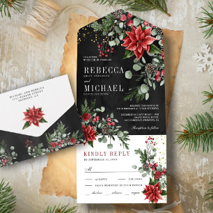 Rustic Poinsettia Floral Christmas Black Wedding All In One Invitation