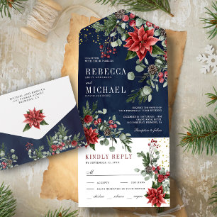 Rustic Poinsettia Floral Christmas Navy Wedding All In One Invitation