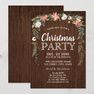 Rustic Poinsettia Floral Drop Wood Christmas Party Invitation