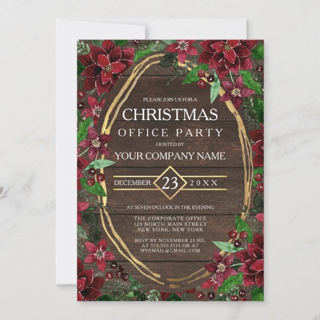 Rustic Poinsettia Floral Wood Corporate Christmas Invitation (Front)