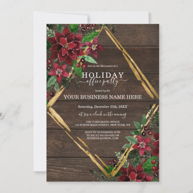 Rustic Poinsettia Floral Wood Corporate Holiday Invitation (Front)