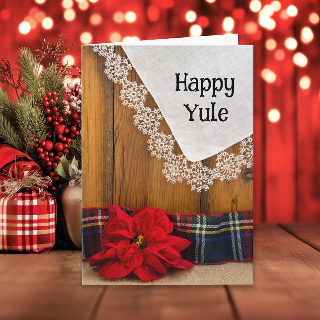 Rustic Poinsettia Flower and Plaid Happy Yule Holiday Card (Creator Uploaded)
