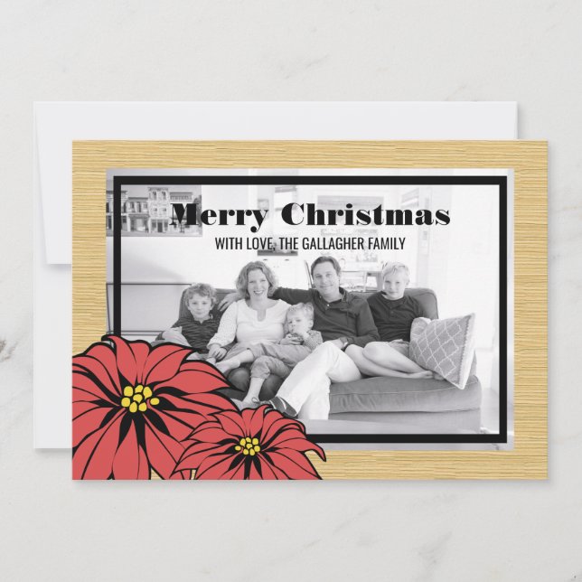 Rustic Poinsettia Holiday Photo Flat Card (Front)