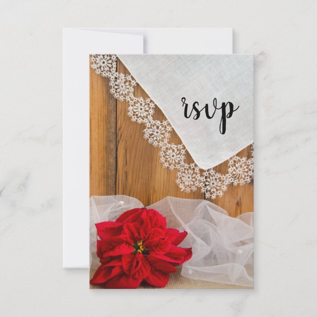Rustic Poinsettia Lace Country Winter Wedding RSVP Card (Front)