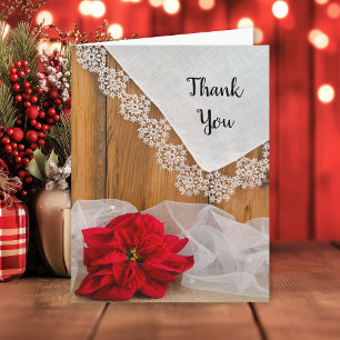 Rustic Poinsettia Lace Winter Wedding Thank You Card