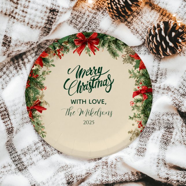 Rustic Poinsettia Pine Christmas Party Paper Plate (Creator Uploaded)