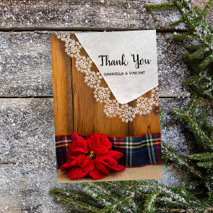 Rustic Poinsettia Plaid Winter Wedding Thank You Card