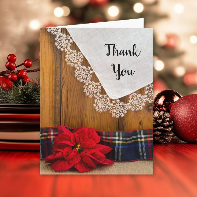 Rustic Poinsettia Plaid Winter Wedding Thank You Card (Creator Uploaded)