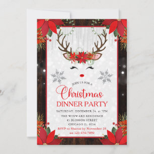Rustic Poinsettia Reindeer Face Christmas Dinner Invitation