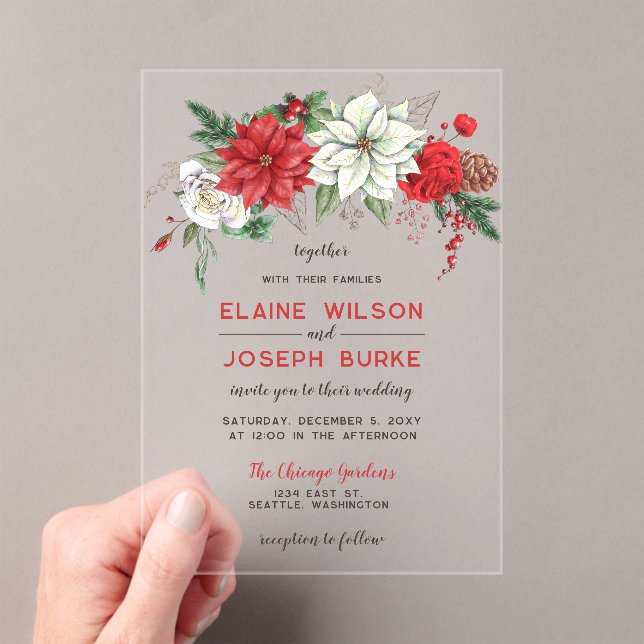 Rustic Poinsettia Winter Foliage Pine cone Wedding Acrylic Invitations (Insitu (Handheld))