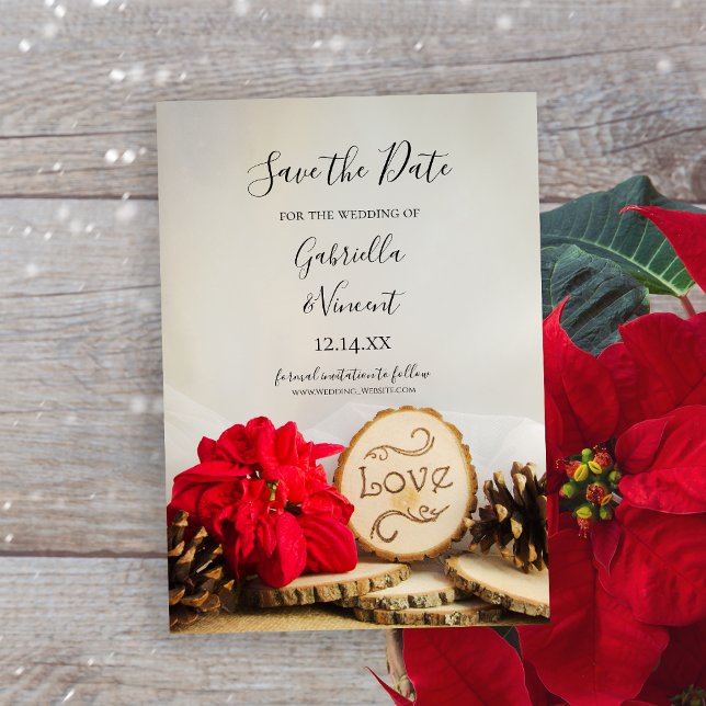Rustic Poinsettia Woodland Winter Save the Date (Perfect inspo for your rustic winter wedding ceremony and reception.)